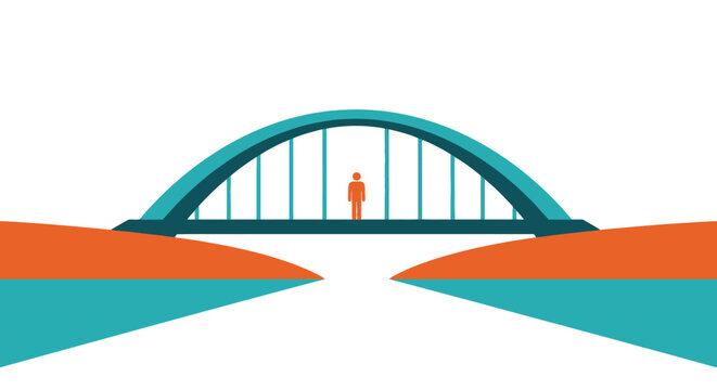 Person Walking Over Colorful Arched Bridge Illustration.
