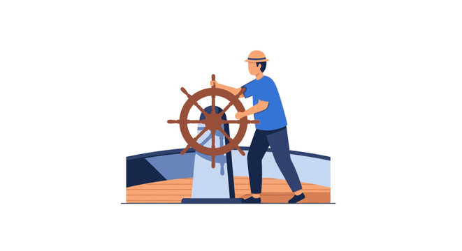 Cartoon sailor steering large wooden ship wheel confidently.