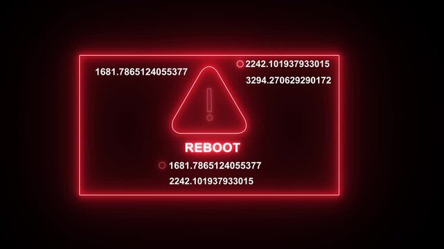 Digital system reboot warning interface with glowing red neon warning triangle and rapidly changing mathematical data streams for cyber security, software error, and high-tech computer glitch concepts