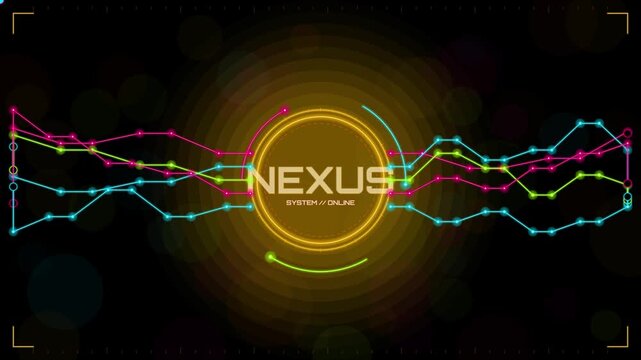 Futuristic nexus digital interface with animated data flow and hud animation