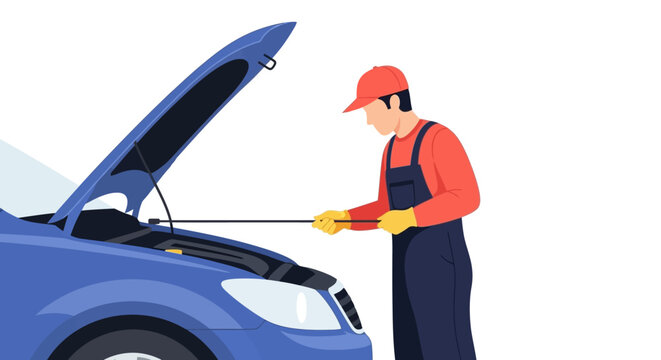 Mechanic inspecting car engine with hood open and tools.