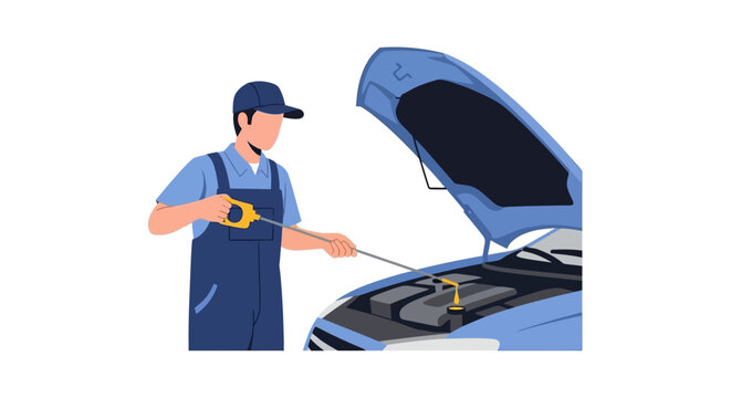 Mechanic inspecting car engine with hood open and tool.