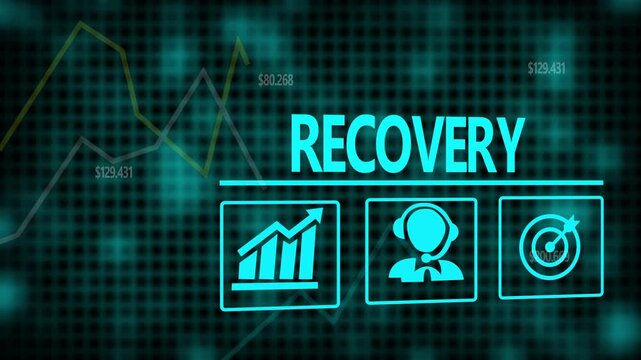 Recovery business concept on a flashing computer monitor with moving graphs and data.
