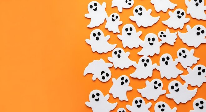 Numerous white ghost cutouts scattered on a vibrant orange background for halloween festivities