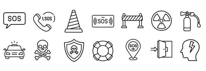 Emergency rescue SOS outline icons set, alert message, helpline call, traffic cone, road barricade, fire extinguisher, police car & more vector illustration with editable stroke. © Purnorup Dream IT 