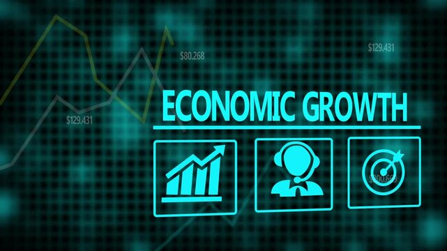 A Economic Growth business concept on a flashing computer monitor with moving graphs and data.