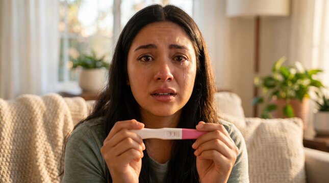 Emotional young woman crying while holding a positive pregnancy test in a warm, sunlit living room, expressing shock and anxiety, perfect for mental health and family planning concepts.