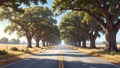 Obraz premium Symmetrical tree-lined asphalt road wide-angle view leading to horizon digital illustration with warm sunlight on golden rural fields background.