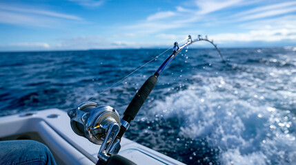 Plakat Fishing rod bending over ocean from boat perspective symbolizing sport fishing adventure and marine leisure activity