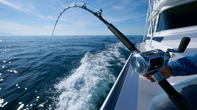 Fishing rod bending over ocean from boat perspective symbolizing sport fishing adventure and marine leisure activity