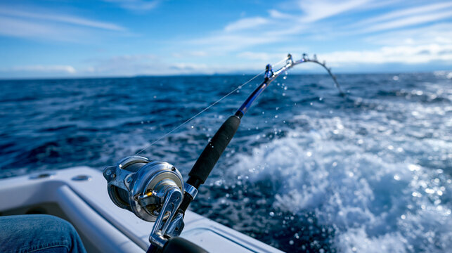 Fishing rod bending over ocean from boat perspective symbolizing sport fishing adventure and marine leisure activity