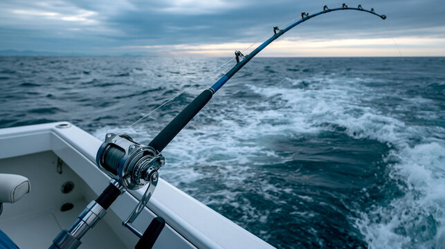 Fishing rod bending over ocean from boat perspective symbolizing sport fishing adventure and marine leisure activity