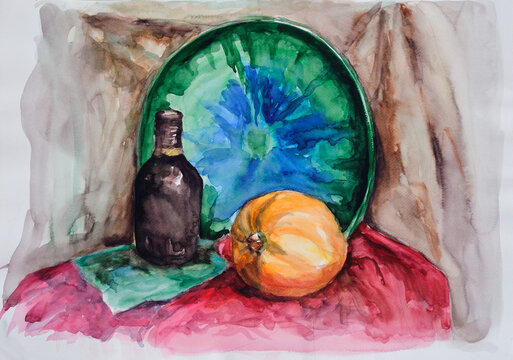 A watercolor still life study with bottle, pumpkin and big plate