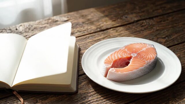 Open notebook blank page raw salmon steak white plate on rustic wooden table natural light food concept healthy cooking idea recipe planning
