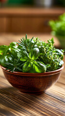 Fototapeta premium Fresh basil and rosemary herbs in bowl on rustic wooden surface symbolizing organic ingredients healthy cooking and natural flavor