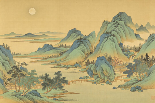 Green Blue Light Ink Classical Landscape Song Dynasty Aesthetics Mid-Autumn Theme