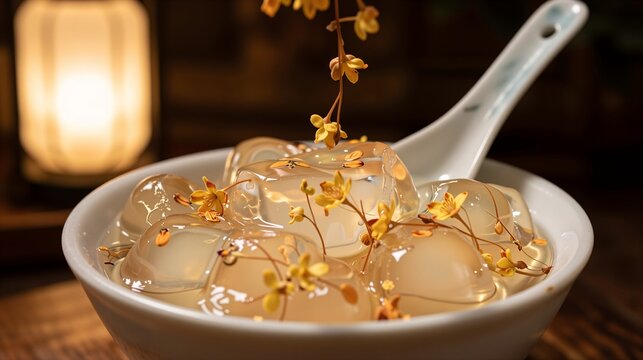 Refreshing Chinese Crystal Osmanthus Jelly with Sweet Flowers, Elegant Traditional Summer Dessert