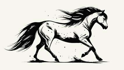 Ink style illustration of a horse with flowing mane and tail © Songita