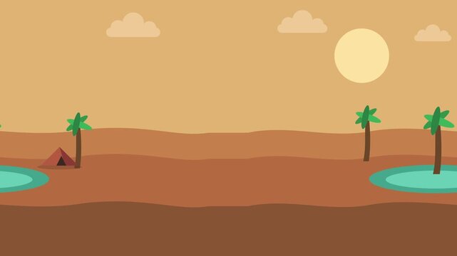 Cartoon desert oasis landscape loop background animation. Parallax side scrolling