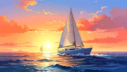 Fototapeta premium White sailboat wide shot sailing at sunset digital illustration with warm golden glow on colorful sky background
