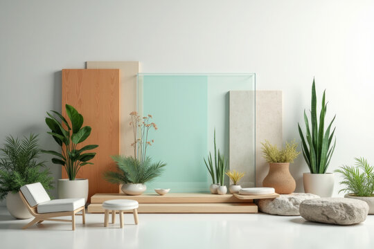 Minimalist interior with natural elements, plants, and geometric backdrops