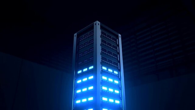 Illuminated server rack with intensifying blue LED activity in dark technology room