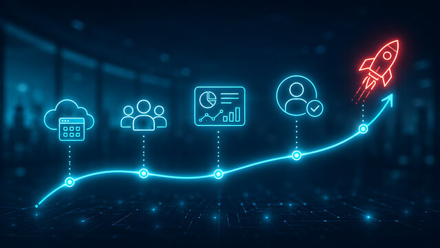Cloud computing business infrastructure scaling concept showing teamwork data analysis identity verification and successful startup rocket launch path displayed
