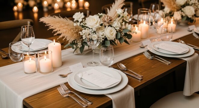 Elegant table setting with candles flowers and silverware ready for event