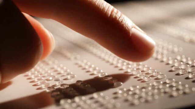 Close-up side angle of a fingertip feeling braille dots for reading text, showcasing tactile literacy