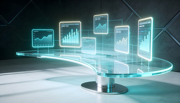 Clean Minimalist Futuristic Workstation with Transparent Desktop and Holographic Data Windows