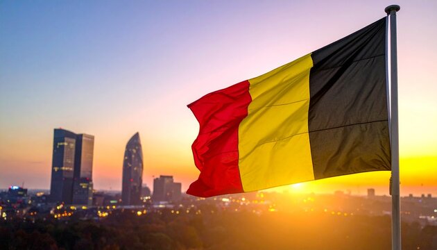 Belgium Flag at Sunset Over City Skyline