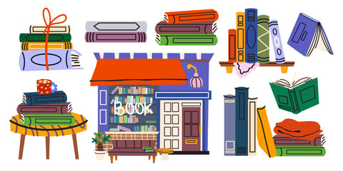 Cozy bookstore storefront and bookshelves with colorful books and reading elements for education and library concepts. Books vector illustration collection © luamor