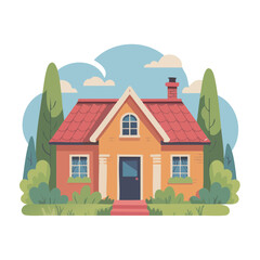 Naklejka premium A cozy house with a red roof and trees in a suburban landscape setting