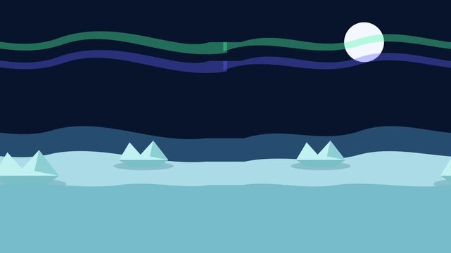 Cartoon aurora arctic landscape loop background animation. Parallax side scrolling