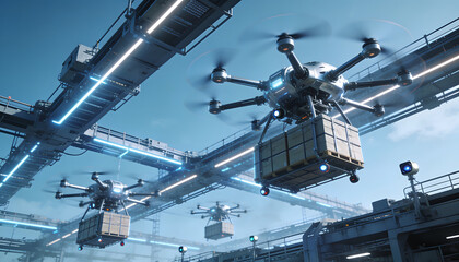 Fototapeta premium Automated Industrial Facility with Delivery Drones Moving Along Skyway Infrastructure