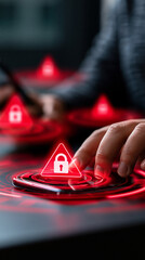 User interacting with digital security interface with glowing lock icons symbolizing cybersecurity data protection and secure access © Curioso.Photography
