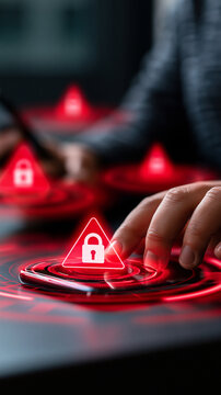User interacting with digital security interface with glowing lock icons symbolizing cybersecurity data protection and secure access