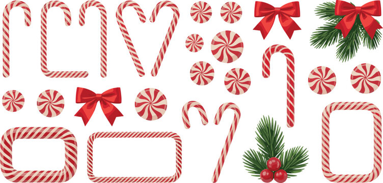Christmas candy cane frames and winter holiday decorative elements featuring peppermint swirls, red bows, and evergreen pine branches.