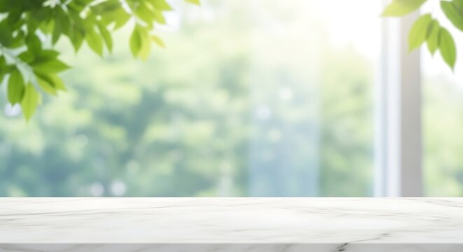 Bright window view with green leaves and marble tabletop for product display presentation