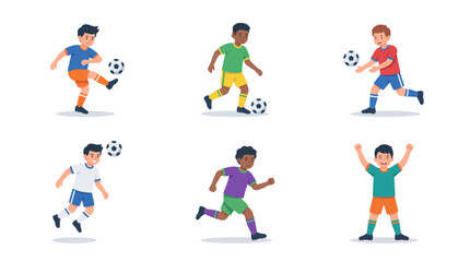 Fototapeta premium Diverse kids playing football kicking heading and celebrating goals