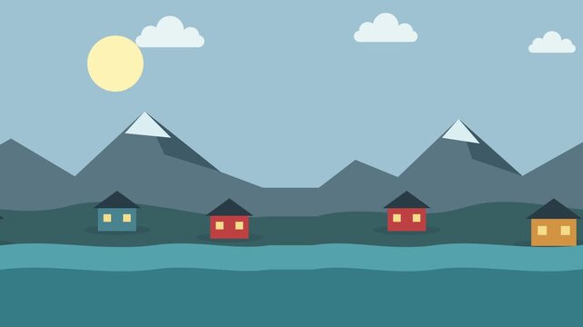 Cartoon fjord village landscape loop background animation. Parallax side scrolling