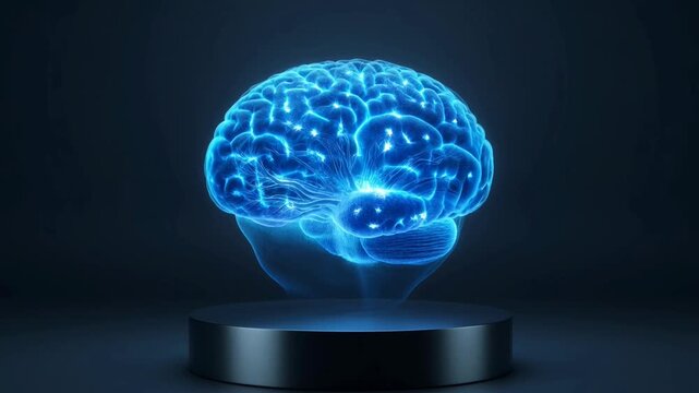 Glowing blue brain on pedestal.