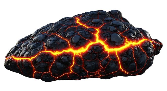 Glowing volcanic rock with cracks and fiery orange lava flowing through a dark stone surface