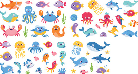 Cute Ocean Animals and Sea Creatures Collection Cartoon Marine Life Vector Set © Momota