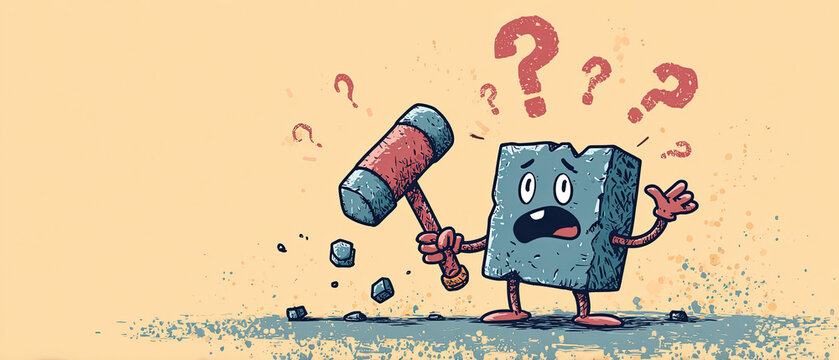 Cartoon stone block character holding a hammer, surrounded by question marks, puzzled expression, on beige background. Perfect for problem-solving or FAQ concepts.