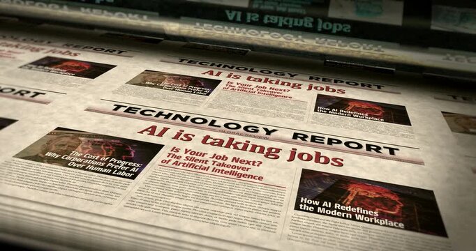 Ai is taking jobs breaking news vintage print machine. Artificial intelligence, layoff and job loss title headline newspaper printing house. Information paper media looped animation.