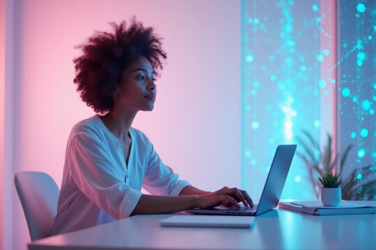 Focused woman working on laptop in a vibrant, futuristic digital workspace