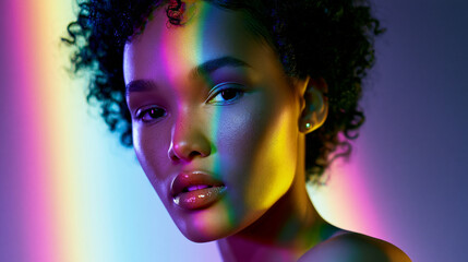 Obraz premium Portrait of woman with colorful neon gradient lighting on face symbolizing beauty fashion and modern artistic expression