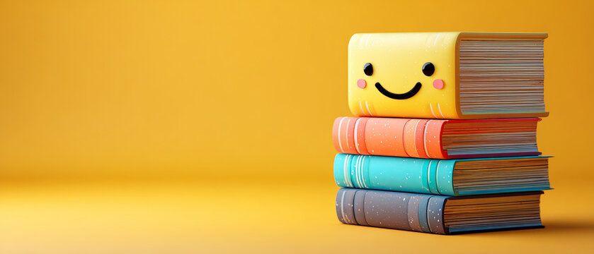 Colorful stack of books with a smiling face on top, set against a vibrant yellow background. Ideal for education, reading, and back-to-school concepts.