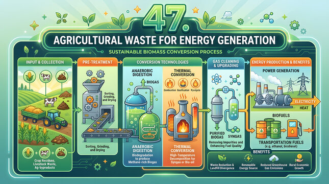 Agricultural waste to energy conversion process infographic